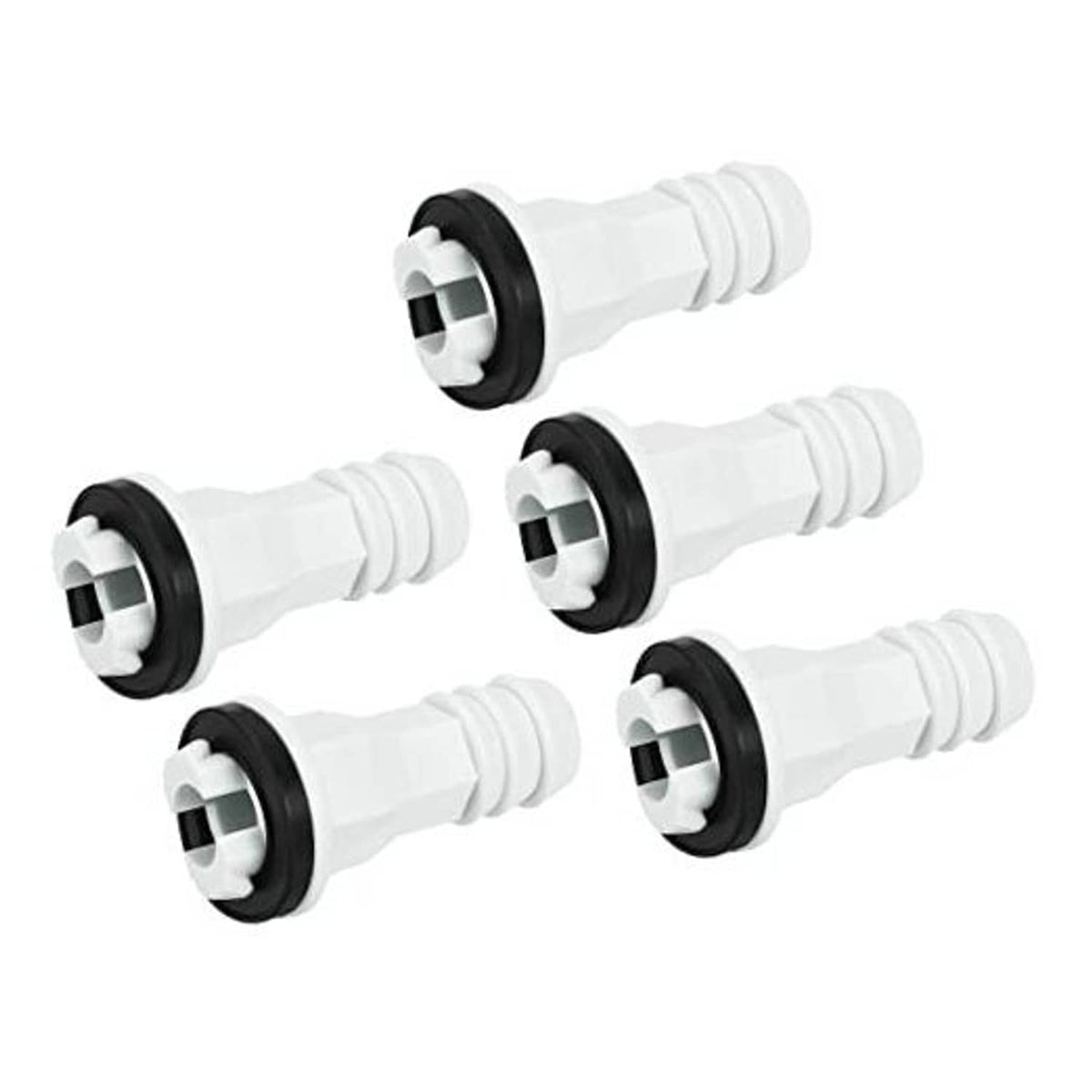 Air conditioner drain hose connector, straight fitting, white plastic with black rubber seal