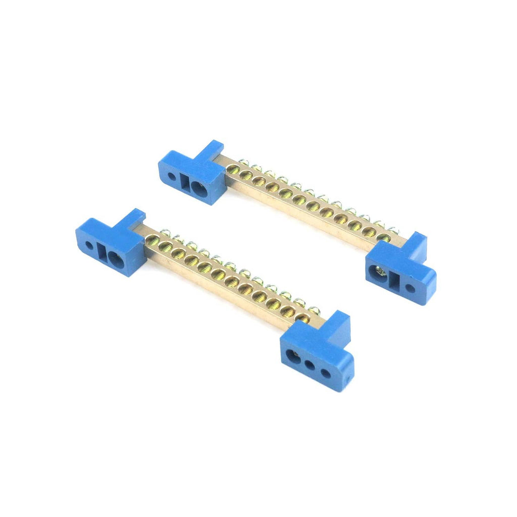 Brass wire screw terminal block with blue side brackets and rows of screw terminals