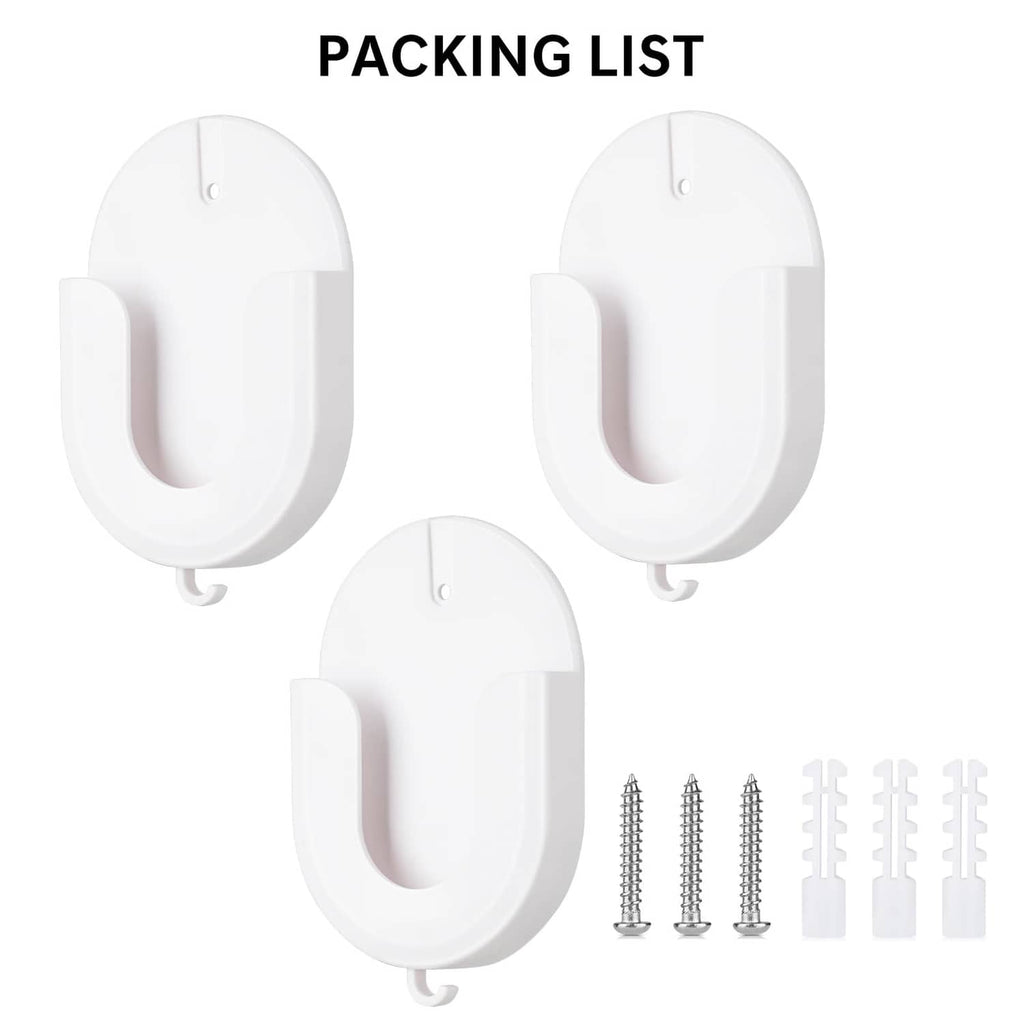 White indoor security camera mount package contents: three brackets and mounting hardware