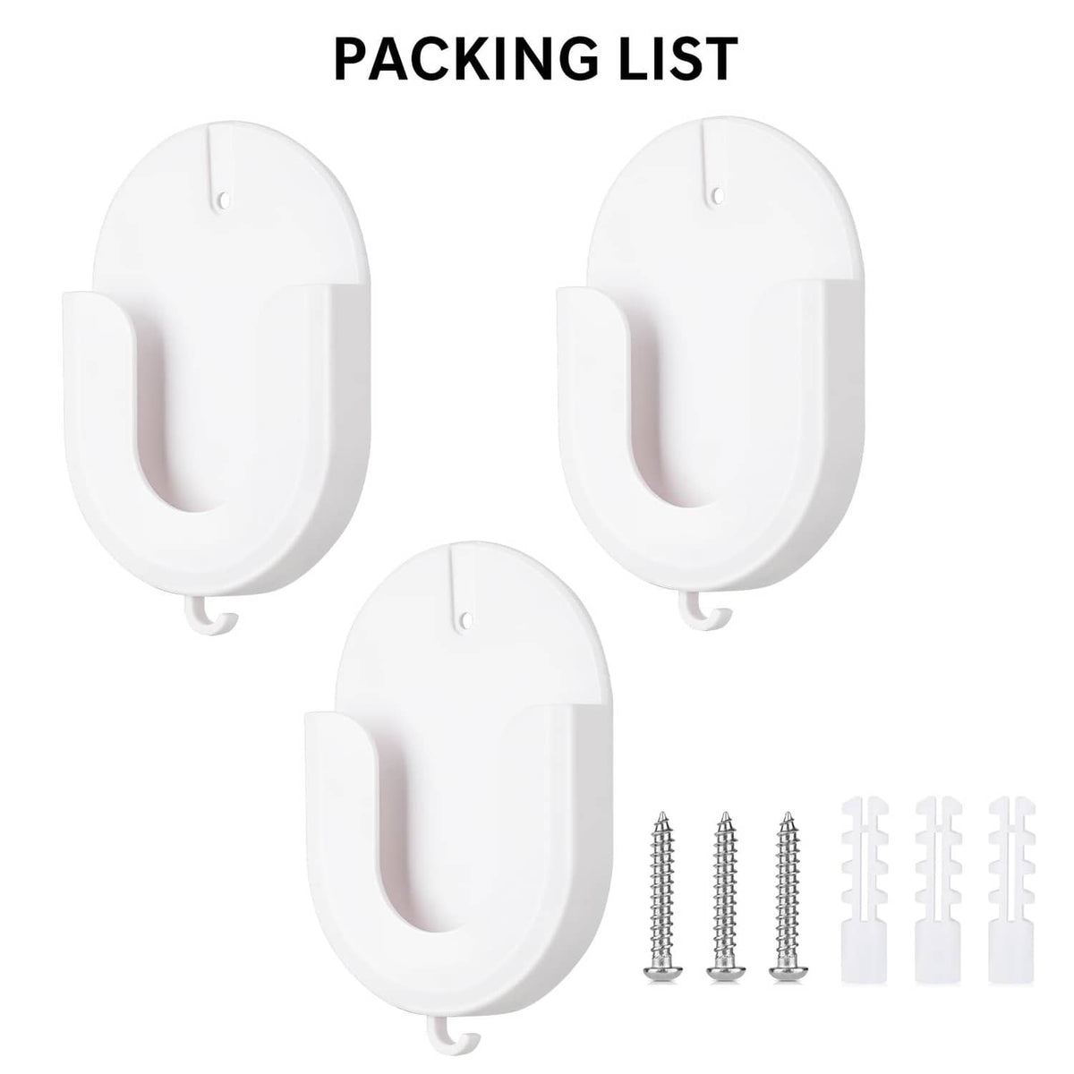 White indoor security camera mount package contents: three brackets and mounting hardware
