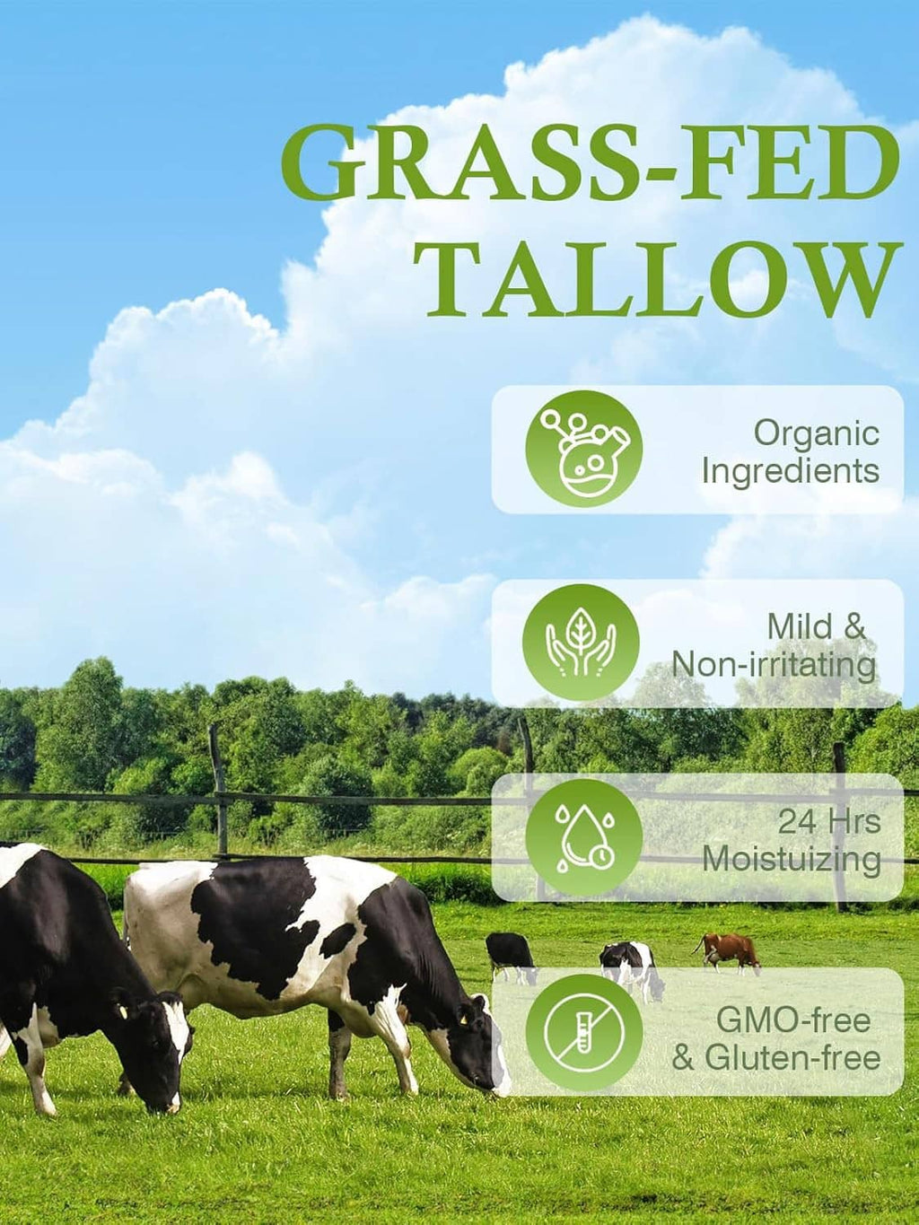 Beef tallow moisturizer benefit label graphic with organic and non-irritating icons