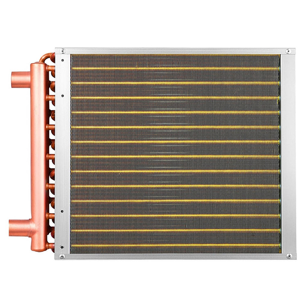 Water-to-air heat exchanger coil close-up with copper tubes and tightly packed fin rows