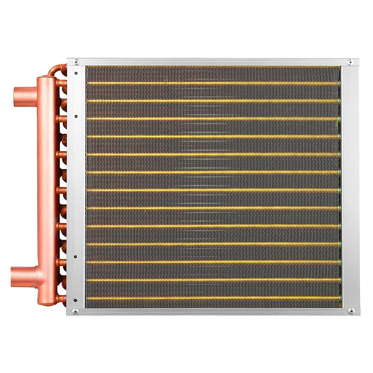 Water-to-air heat exchanger coil close-up with copper tubes and tightly packed fin rows