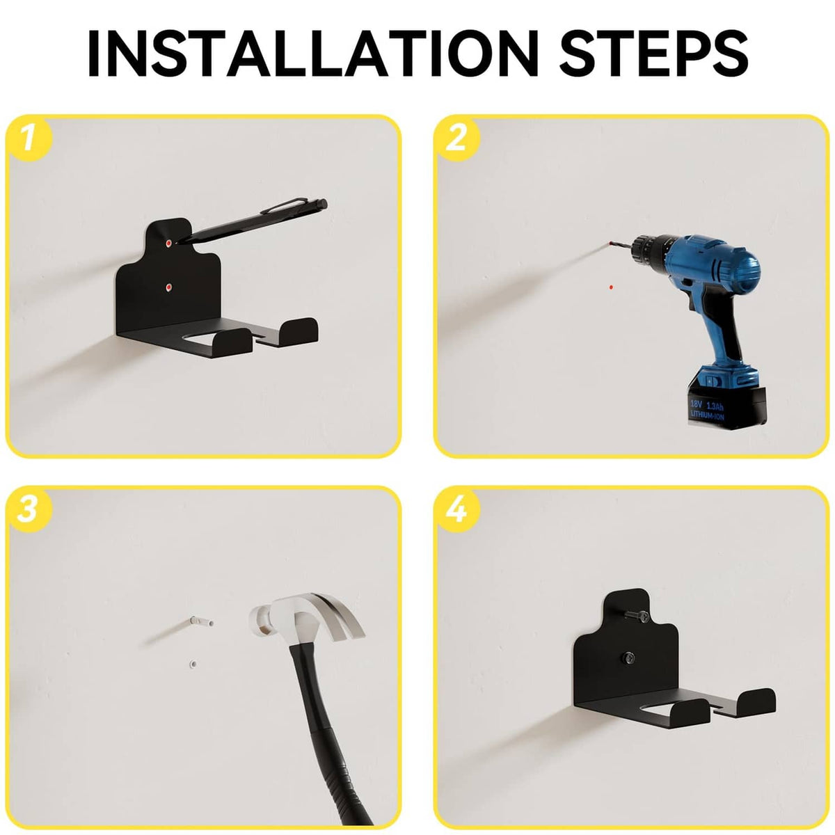 Trimmer rack bracket installation steps with bracket, screws, and power drill shown