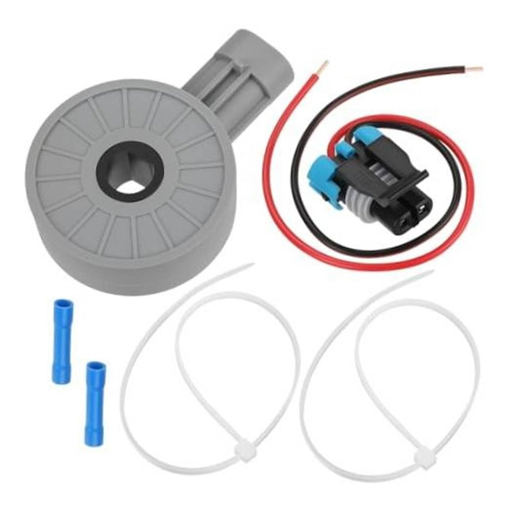 Gray gear position sensor with wiring pigtail harness, red and black wires, blue connector pins
