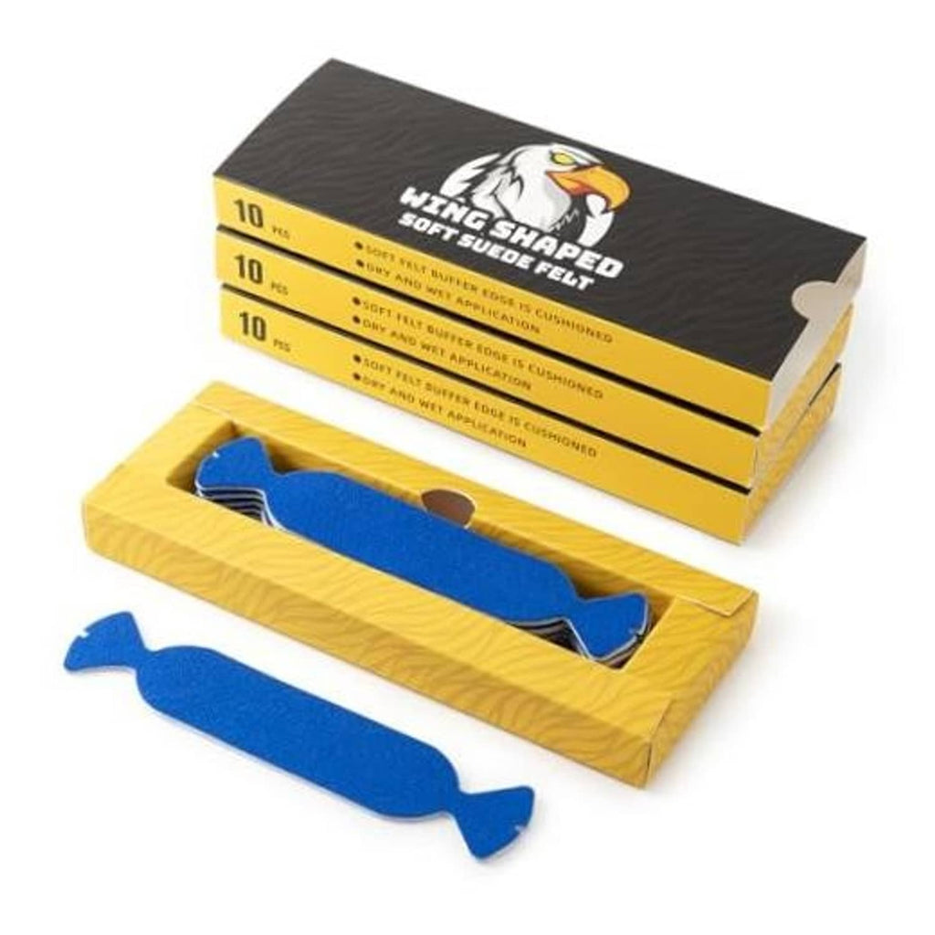 Blue wing-shaped soft felt squeegee buffer pads in yellow and black box set