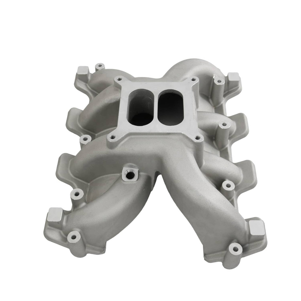 Dual-port intake manifold with two round runners and flange mounting points