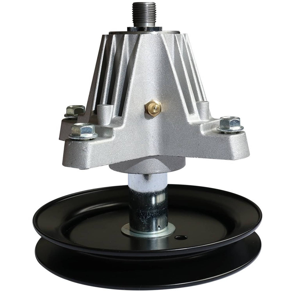 Spindle assembly with black belt pulley, silver cast housing, and threaded top stud