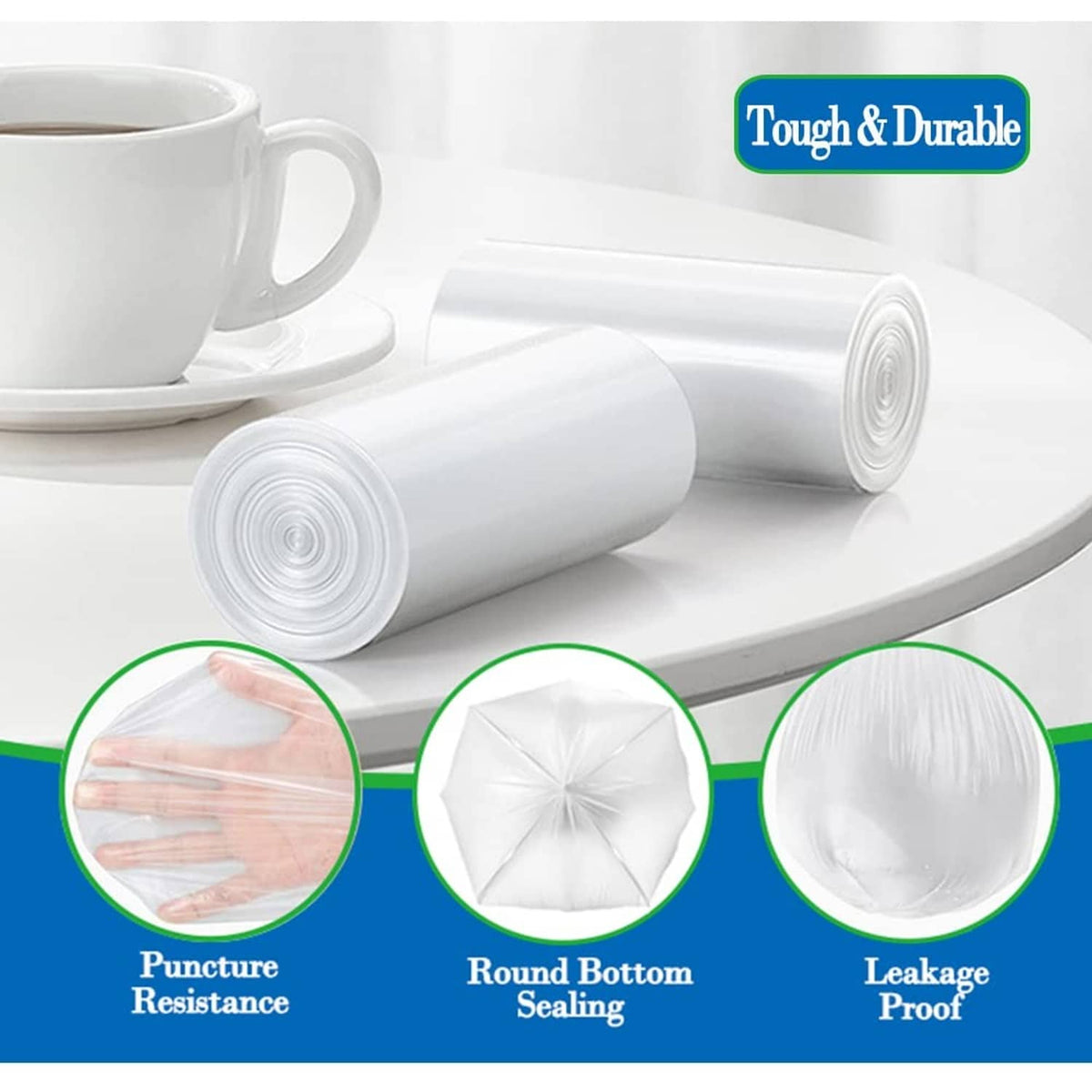 1.2-gallon trash bag liners, puncture resistant, round bottom seal, leak-proof