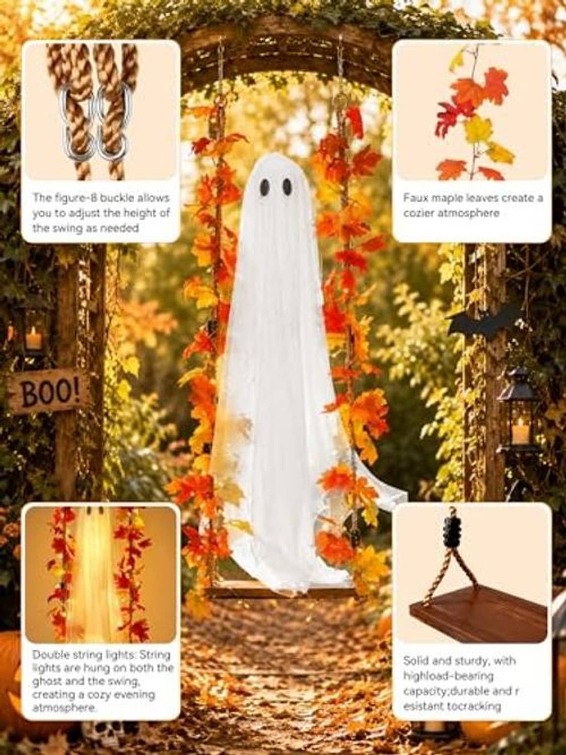 White hanging ghost decoration with speckled fabric body and red orange leaf lights