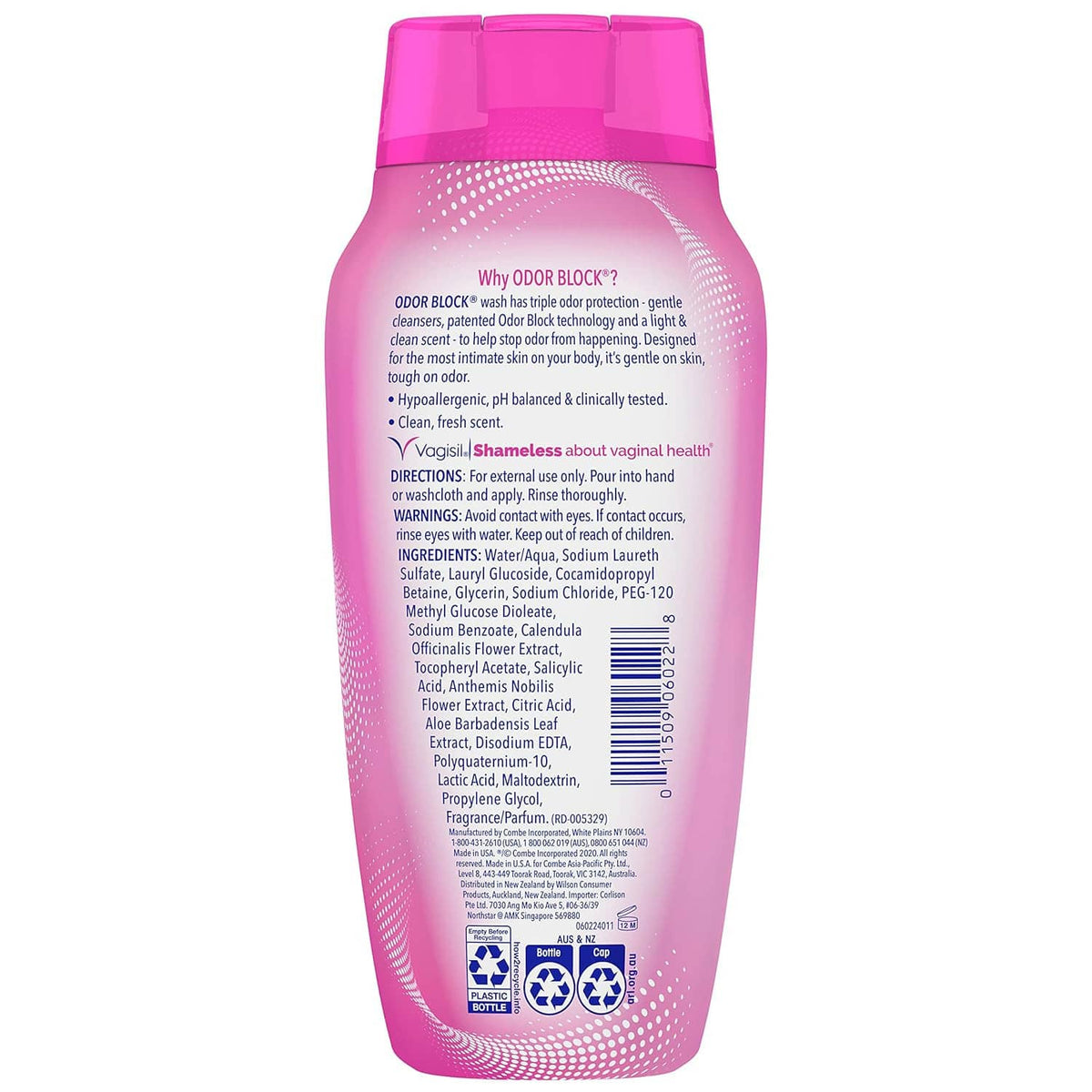 Vagisil Odor Block daily intimate wash pink bottle back label with ingredients