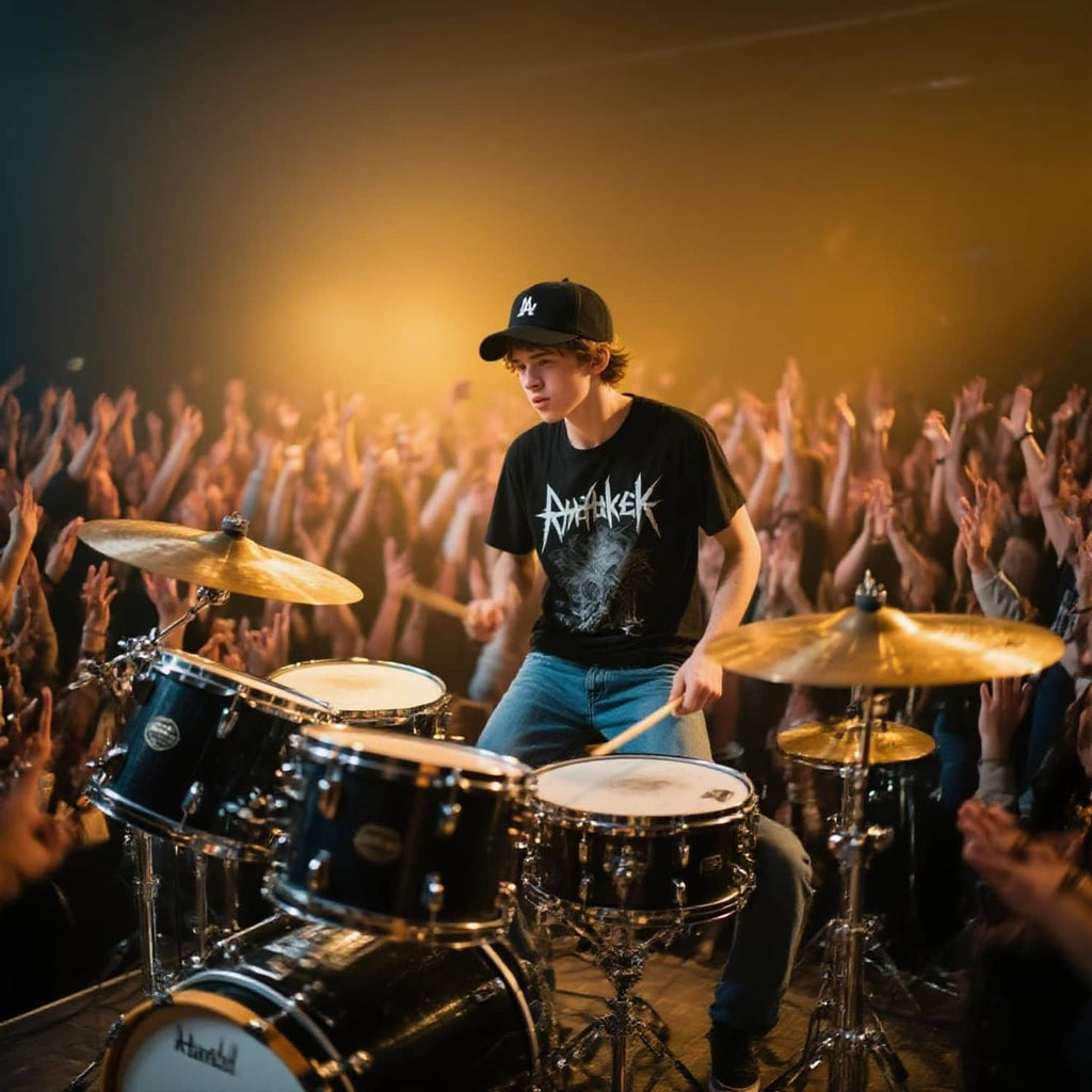 Maple drumsticks in a drummer’s hands with a drum kit on stage