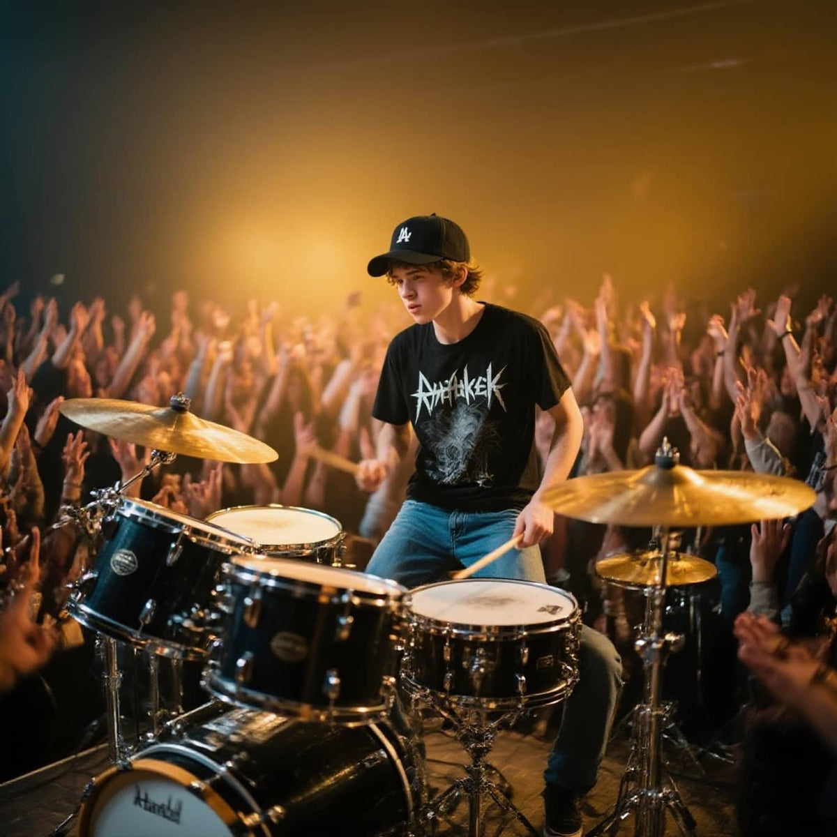 Maple drumsticks in a drummer’s hands with a drum kit on stage