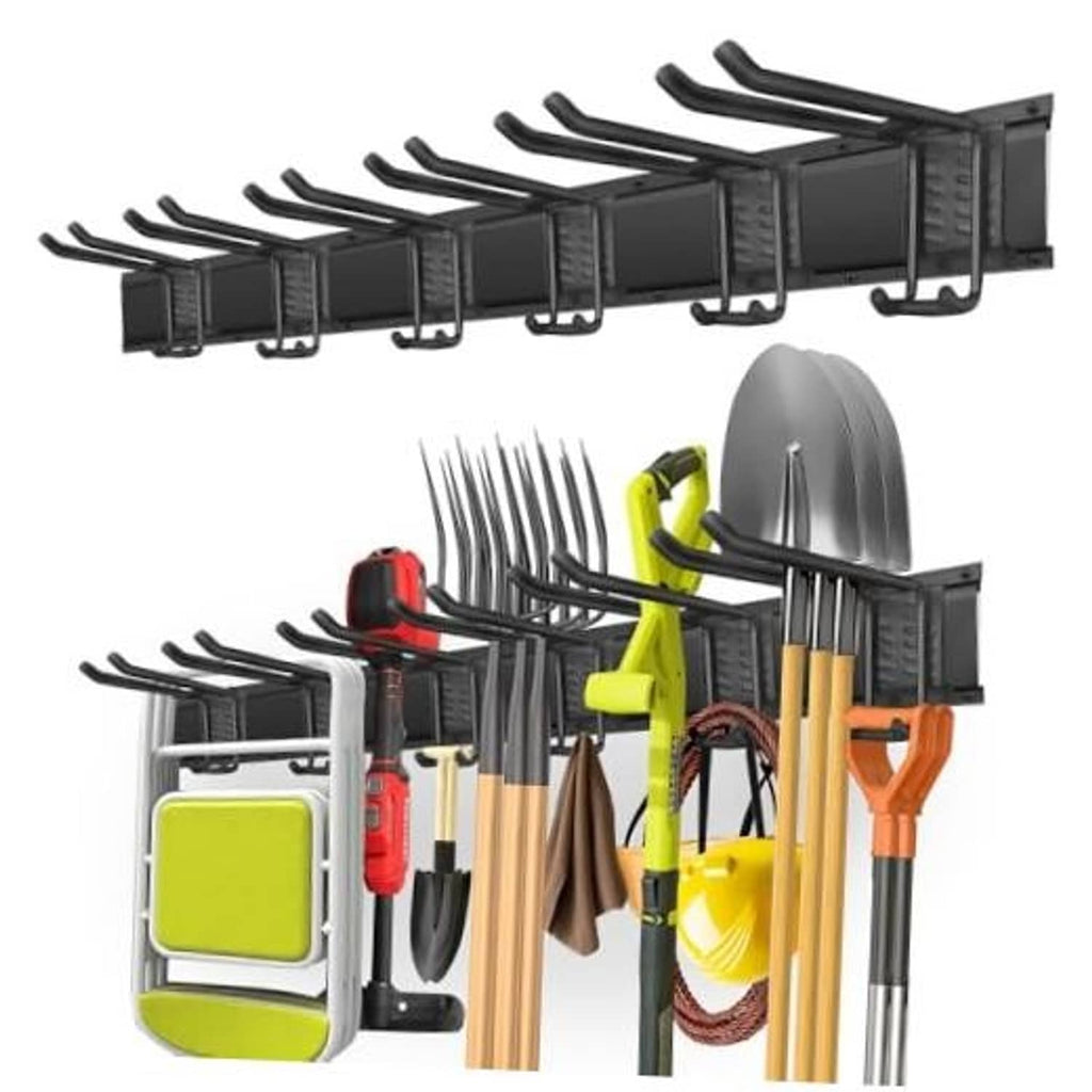 Black double-layer wall tool organizer with multiple adjustable hooks and hanging brackets