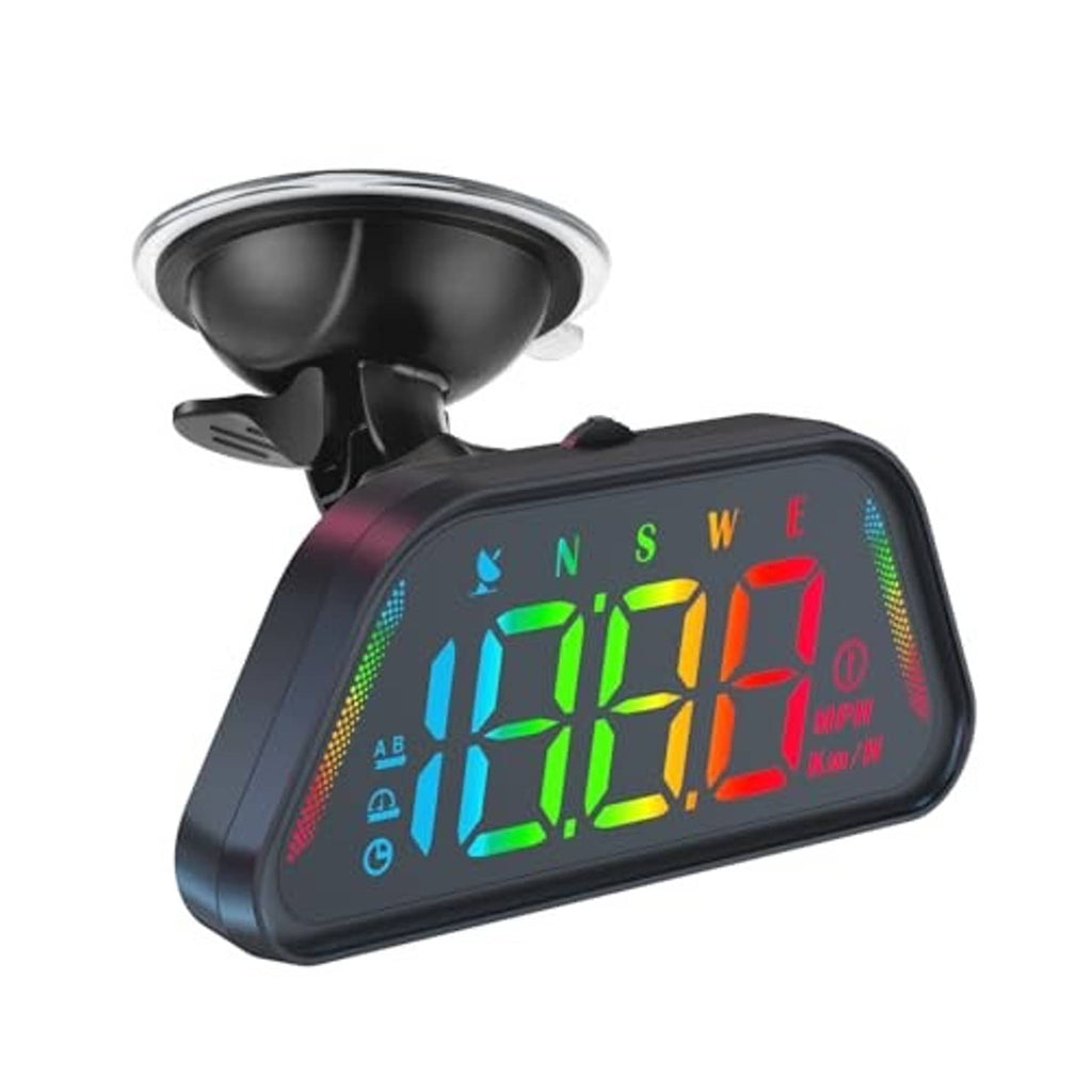 Universal car HUD GPS speedometer angled view with glowing multi-color speed digits