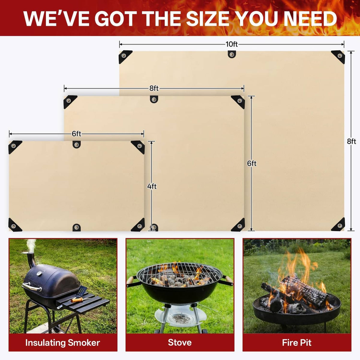 Golden welding blanket with size layout showing 6x8 ft coverage and corner mounts