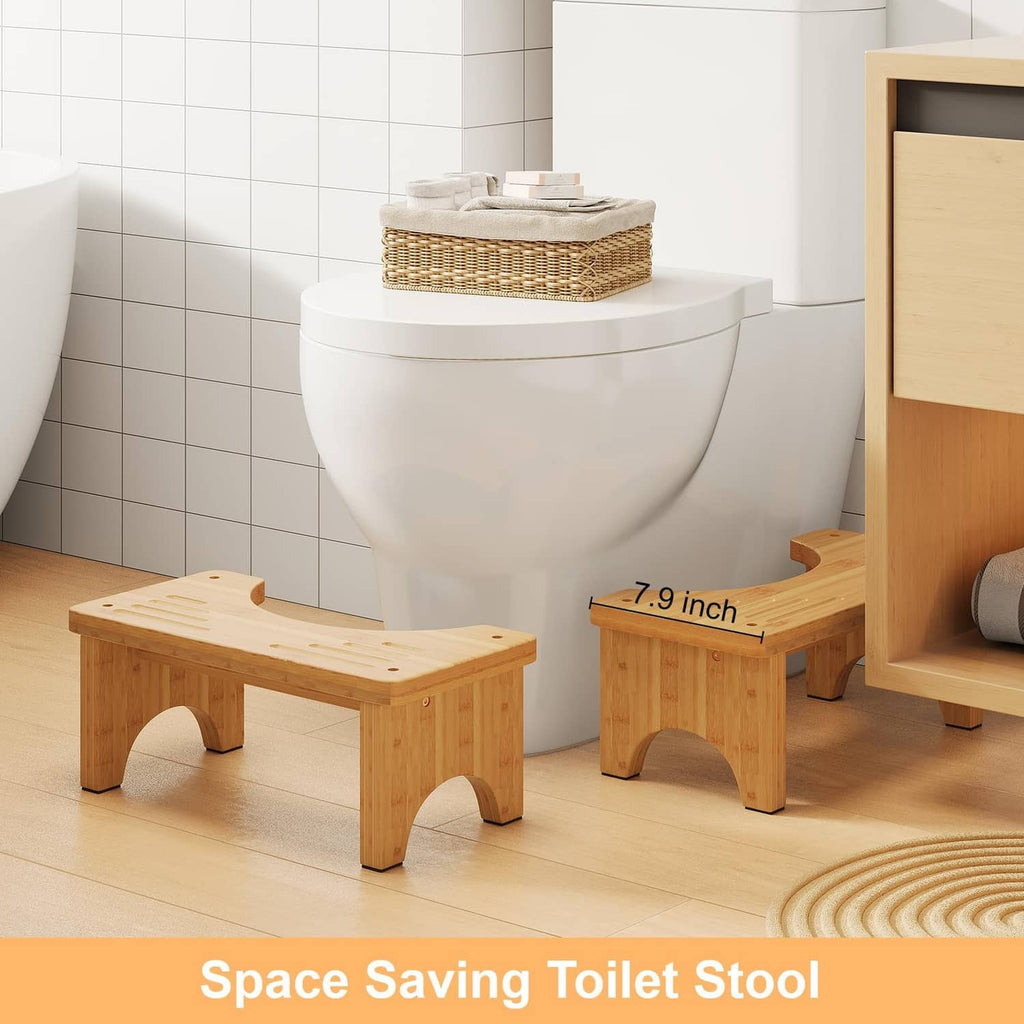 Natural bamboo toilet stool with arched legs and textured slat top