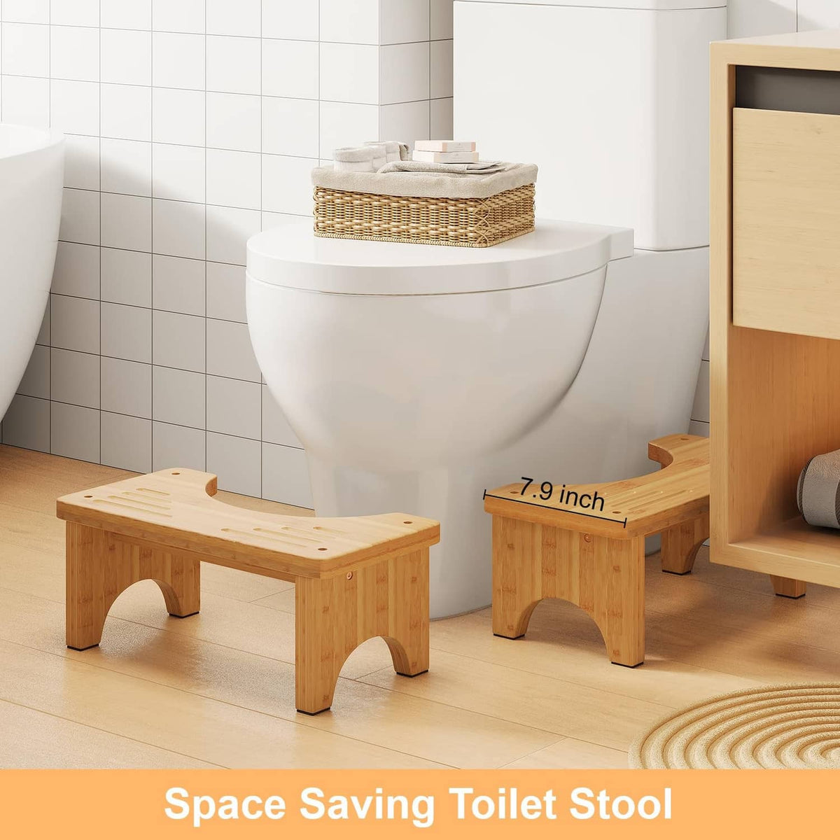 Natural bamboo toilet stool with arched legs and textured slat top