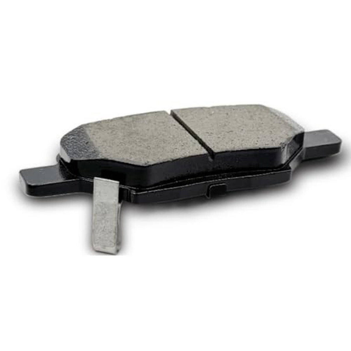 Ceramic brake pad with gray friction blocks and metal retaining tab on side