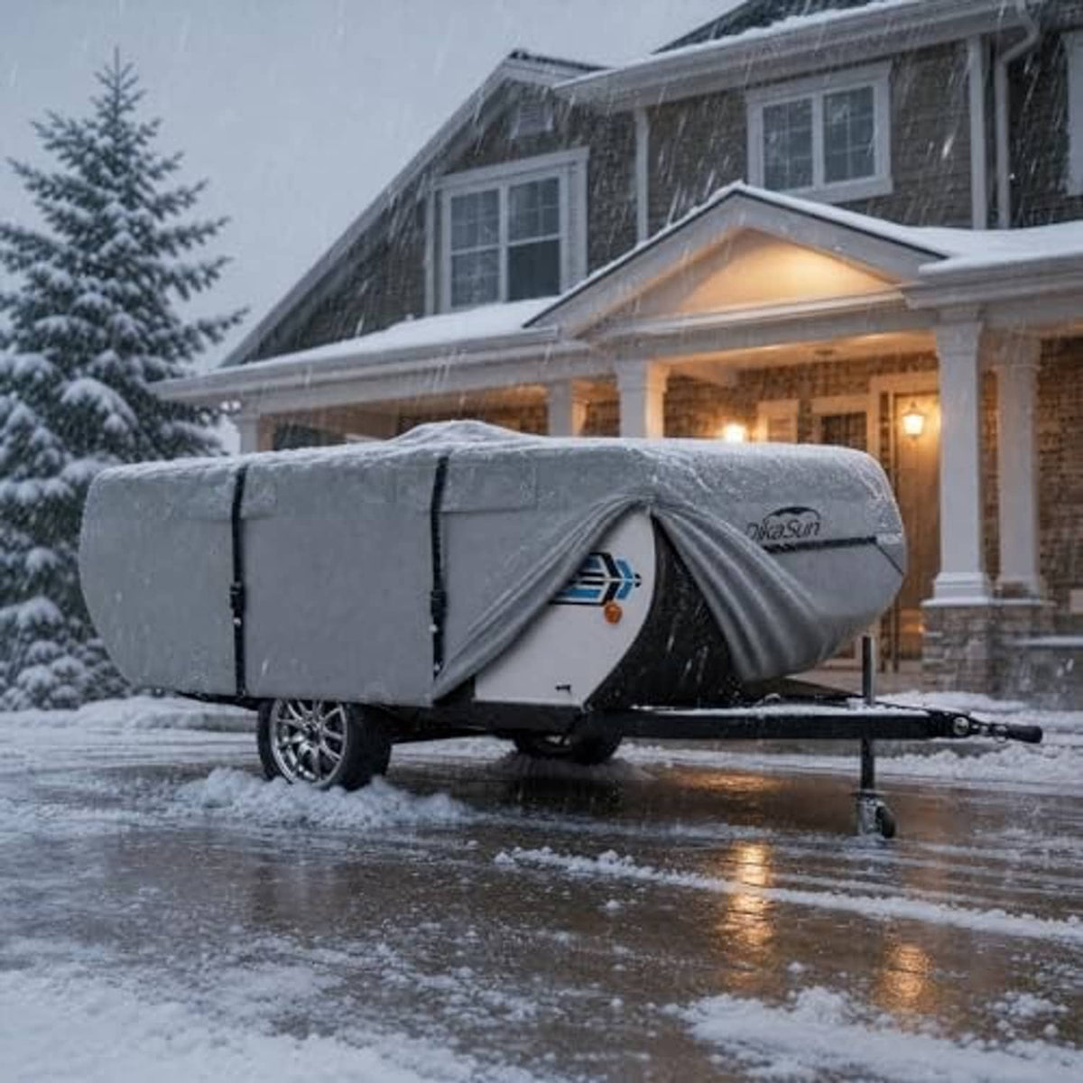 Gray trailer cover on pop-up camper in snow, secured with front flap