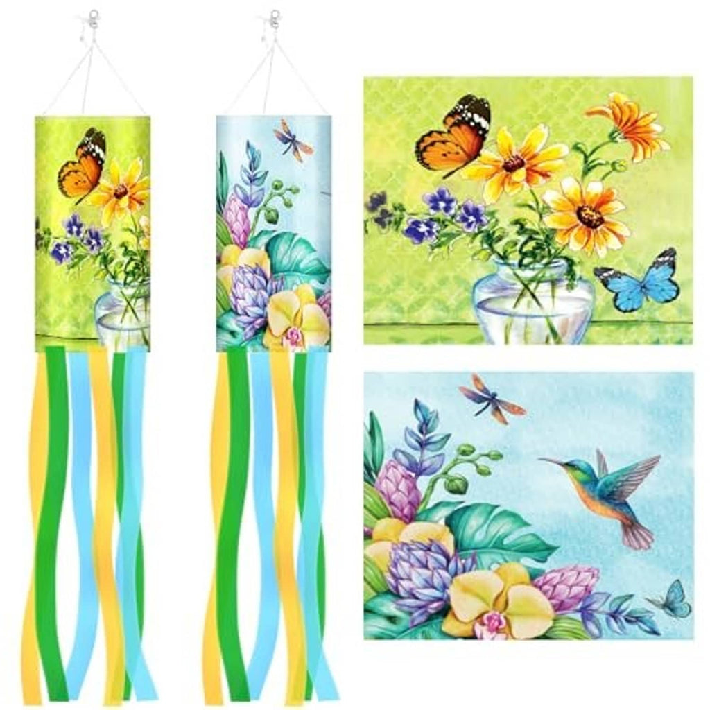 Set of 2 outdoor windsocks with butterfly, sunflower, and multicolor striped tails