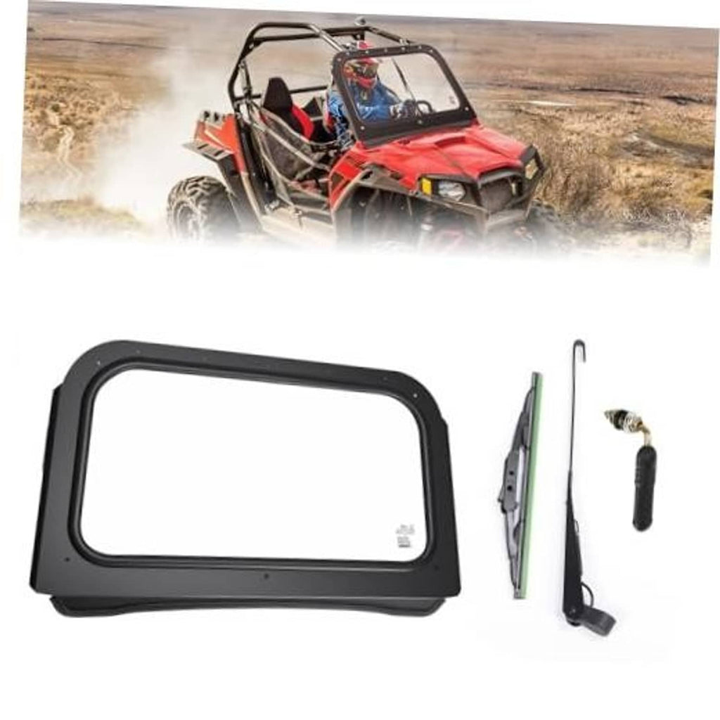 Front UTV windshield with black frame, clear glass panel, and included mounting hardware.