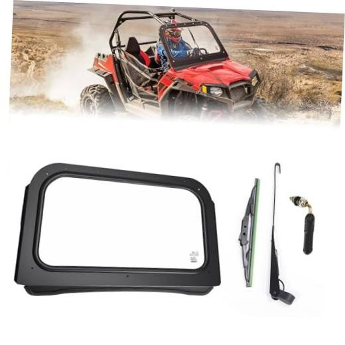 Front UTV windshield with black frame, clear glass panel, and included mounting hardware.