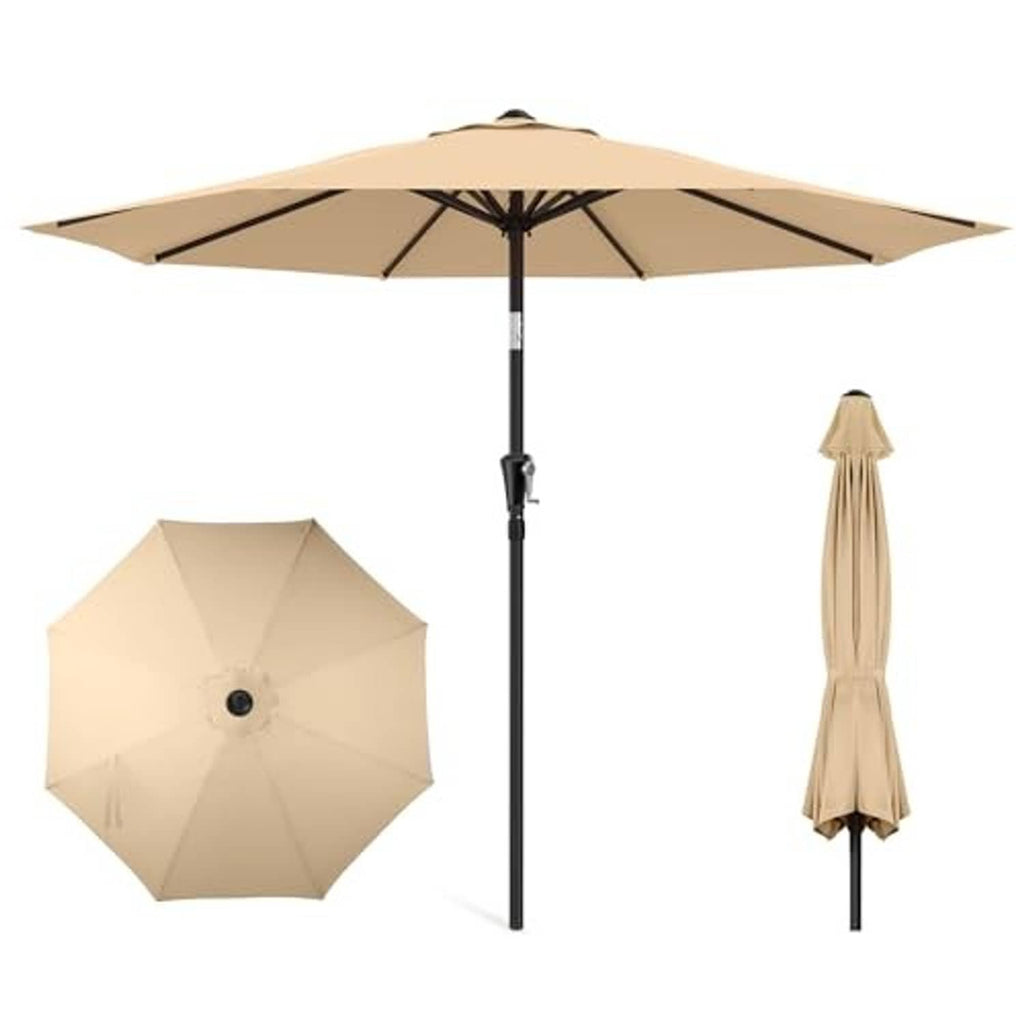 Beige patio umbrella with open canopy and compact closed umbrella on display