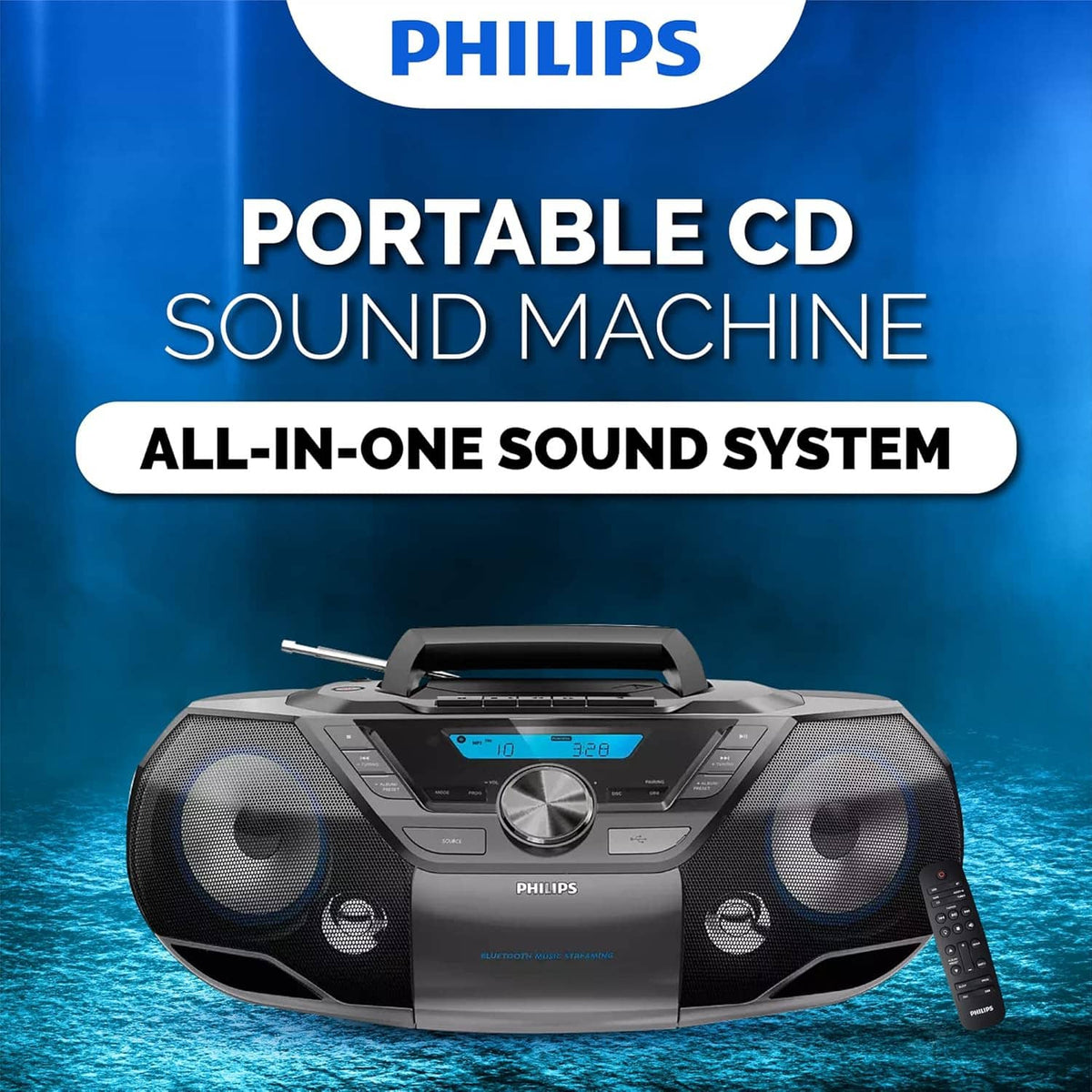 Philips portable CD sound machine boombox with dual speakers and center volume knob
