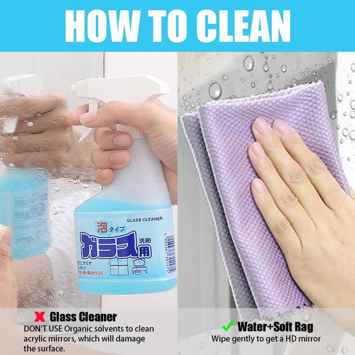 Acrylic mirror cleaning guide with water-soft rag wiping reflective surface