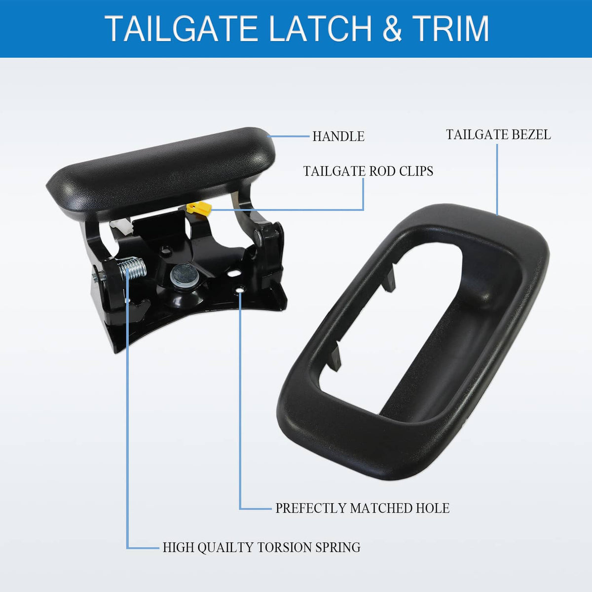 Black tailgate latch, handle, rod clips, and bezel trim shown together