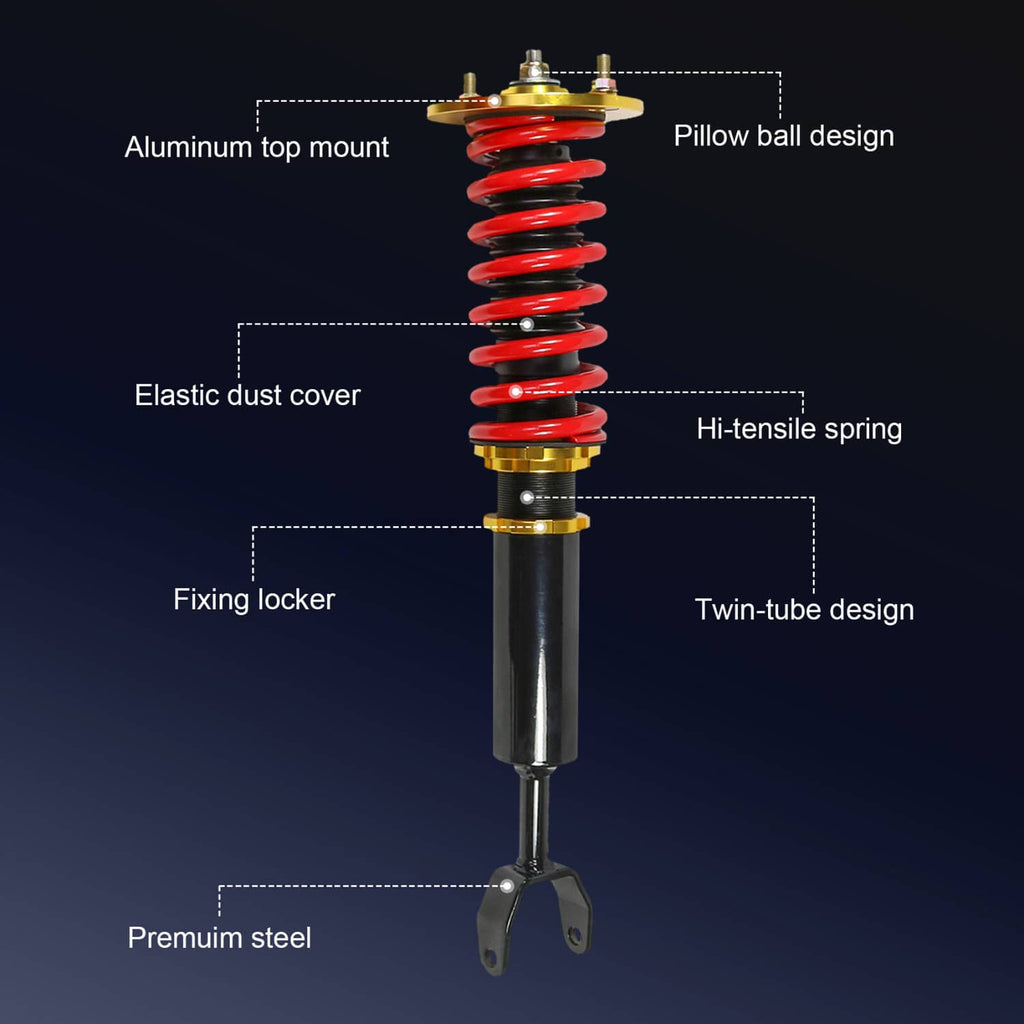 Single coilover strut with red spring, gold top mount, black shock body, dust cover