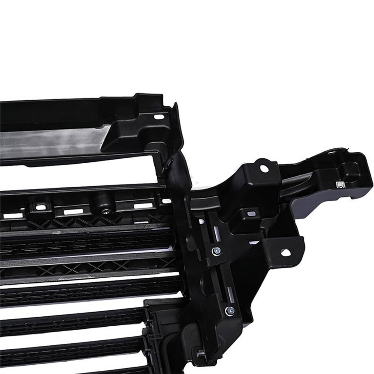 Black grille shutter corner bracket with horizontal slats and attachment hardware