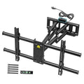 Full-motion TV wall mount with power outlets, black metal bracket with support arms