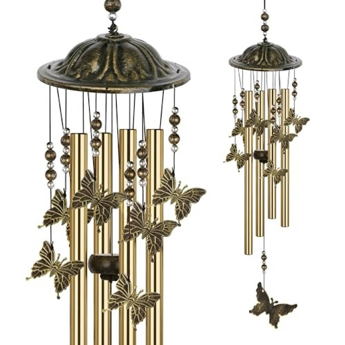 Bronze butterfly wind chime with domed cap, hanging rods, and butterfly hanging finials
