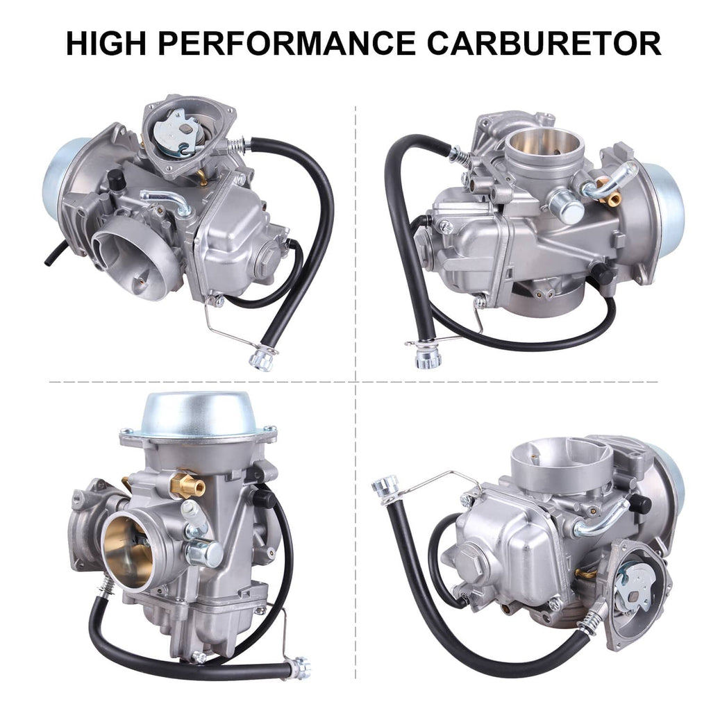 Carburetor and fuel pump assembly shown from multiple angles with hoses and fittings