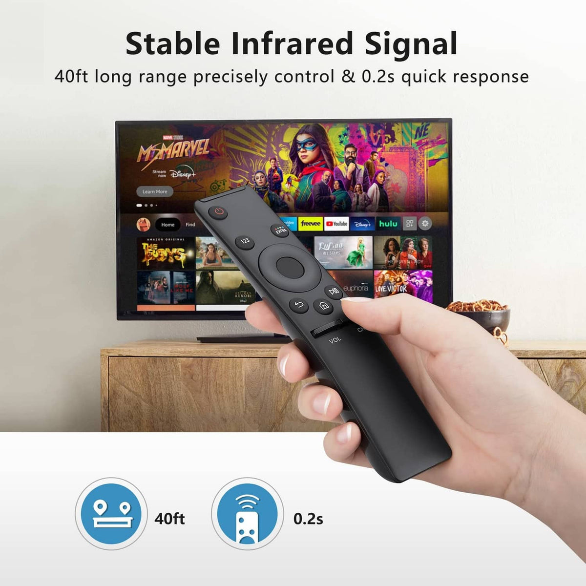Black universal TV remote control held in hand, showing navigation ring and media buttons