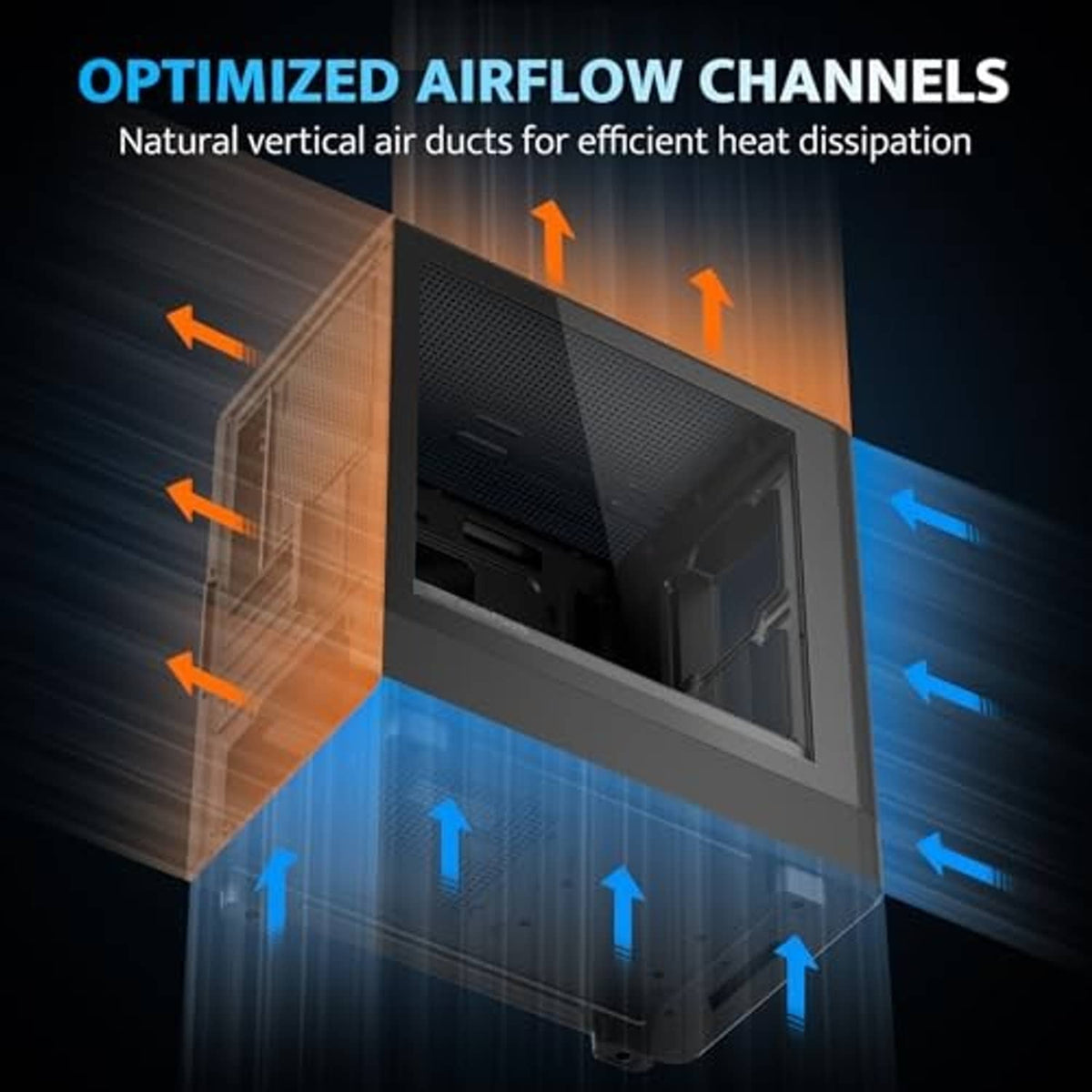 Black PC case showing optimized airflow channels for efficient vertical heat dissipation