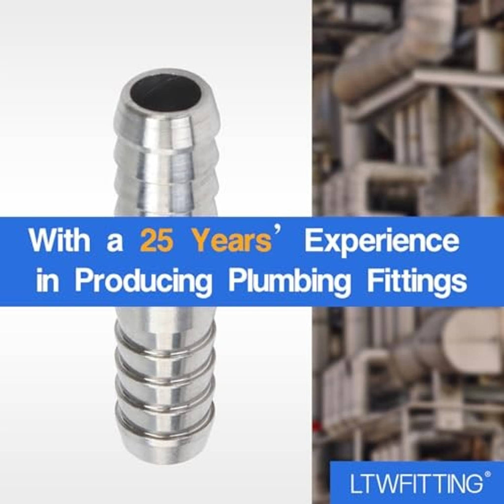 Single stainless steel barbed hose splicer mender fitting with ridged barbs and dark inner bore