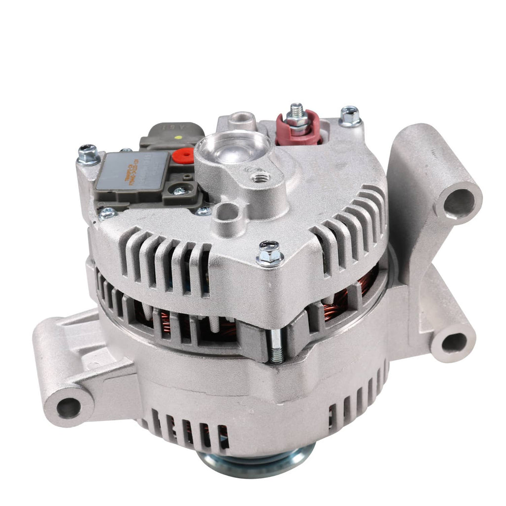 Silver alternator with vented sides, electrical connector and red terminal cap visible