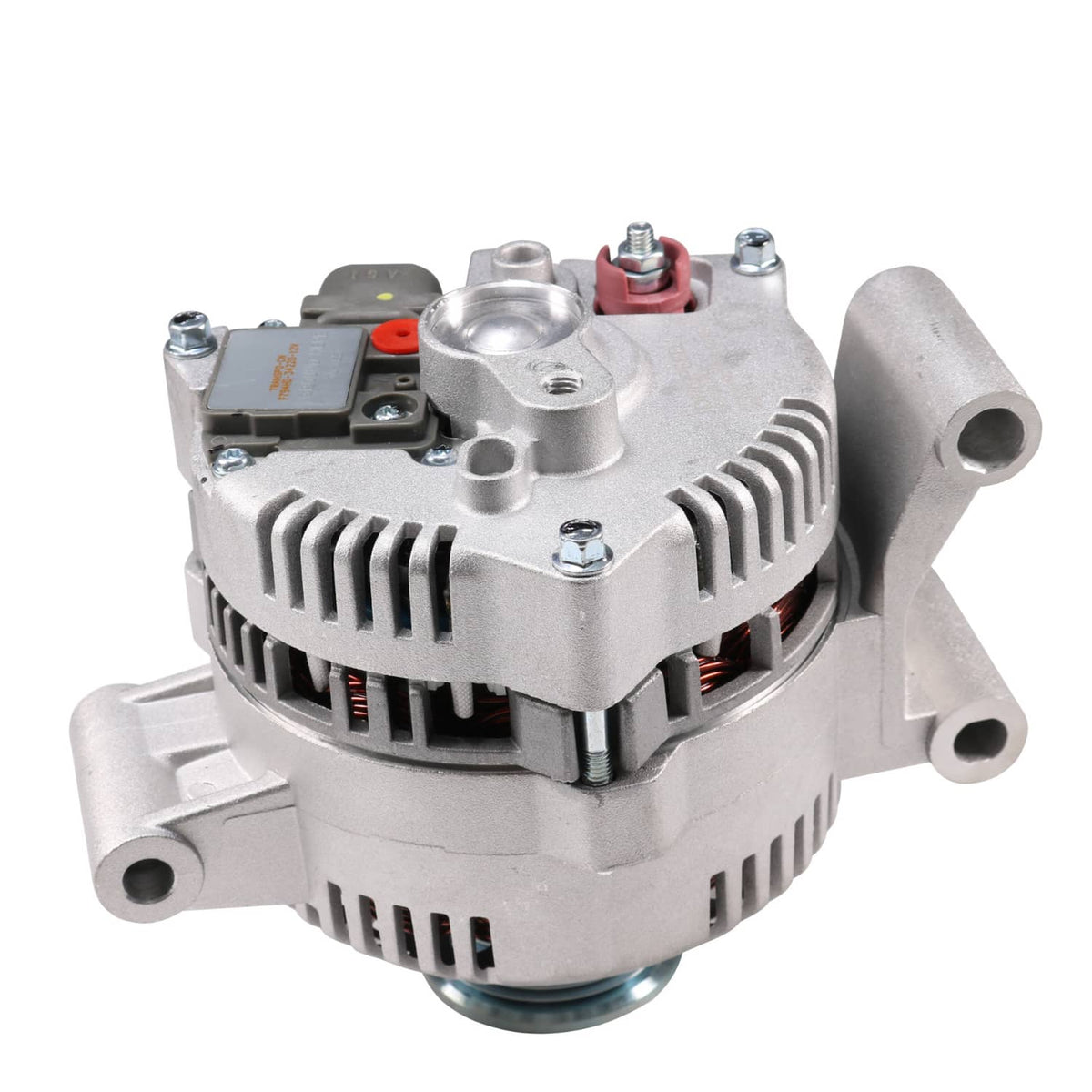 Silver alternator with vented sides, electrical connector and red terminal cap visible