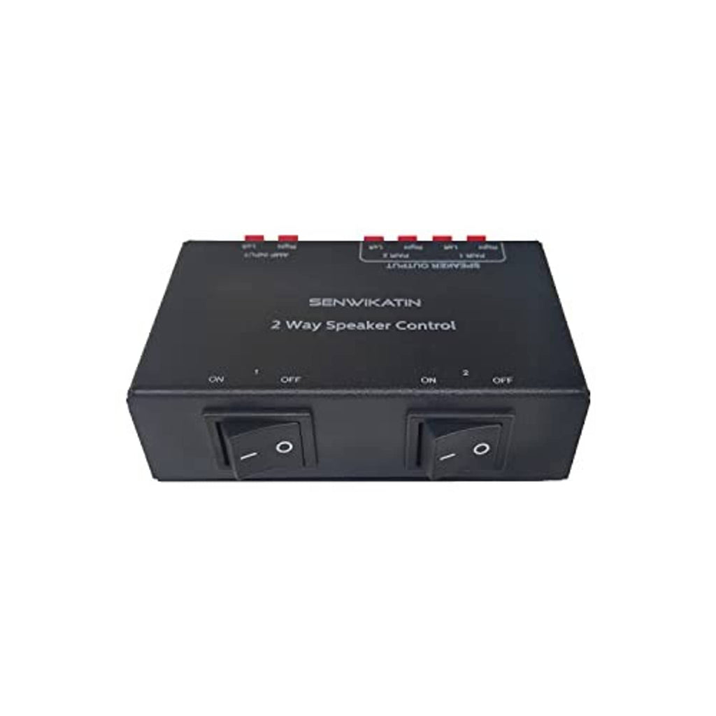 Black 2-way speaker control box, front view with two on/off rocker switches