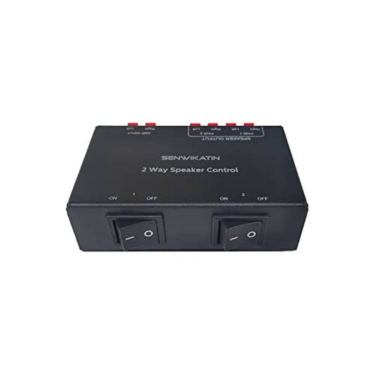 Black 2-way speaker control box, front view with two on/off rocker switches