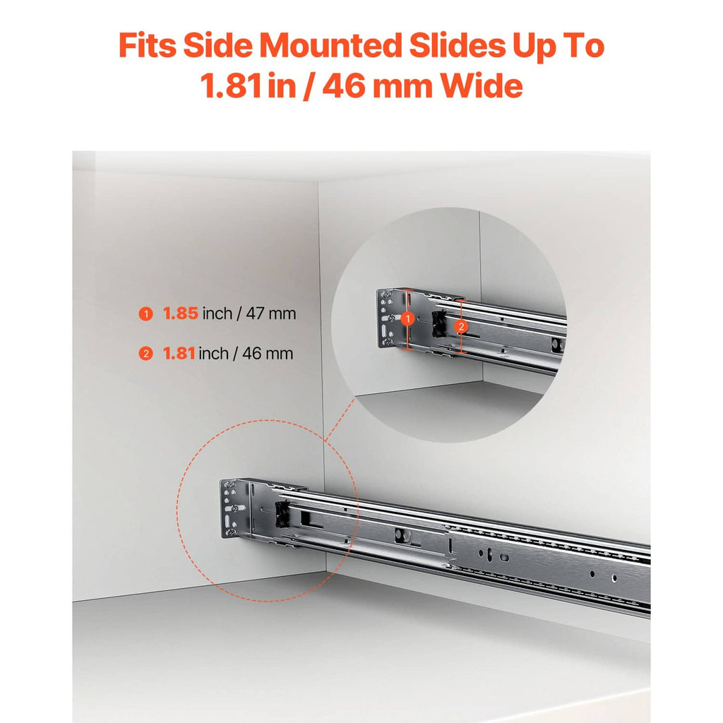 Side-mounted drawer slides fitting up to 1.81 in (46 mm) wide cabinet openings