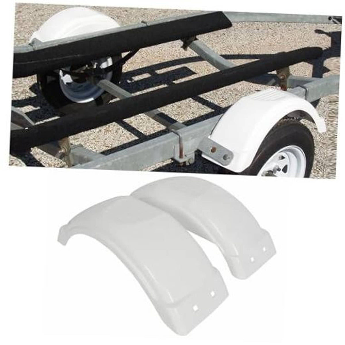 Pair of white trailer fenders mounted over trailer wheels and tires