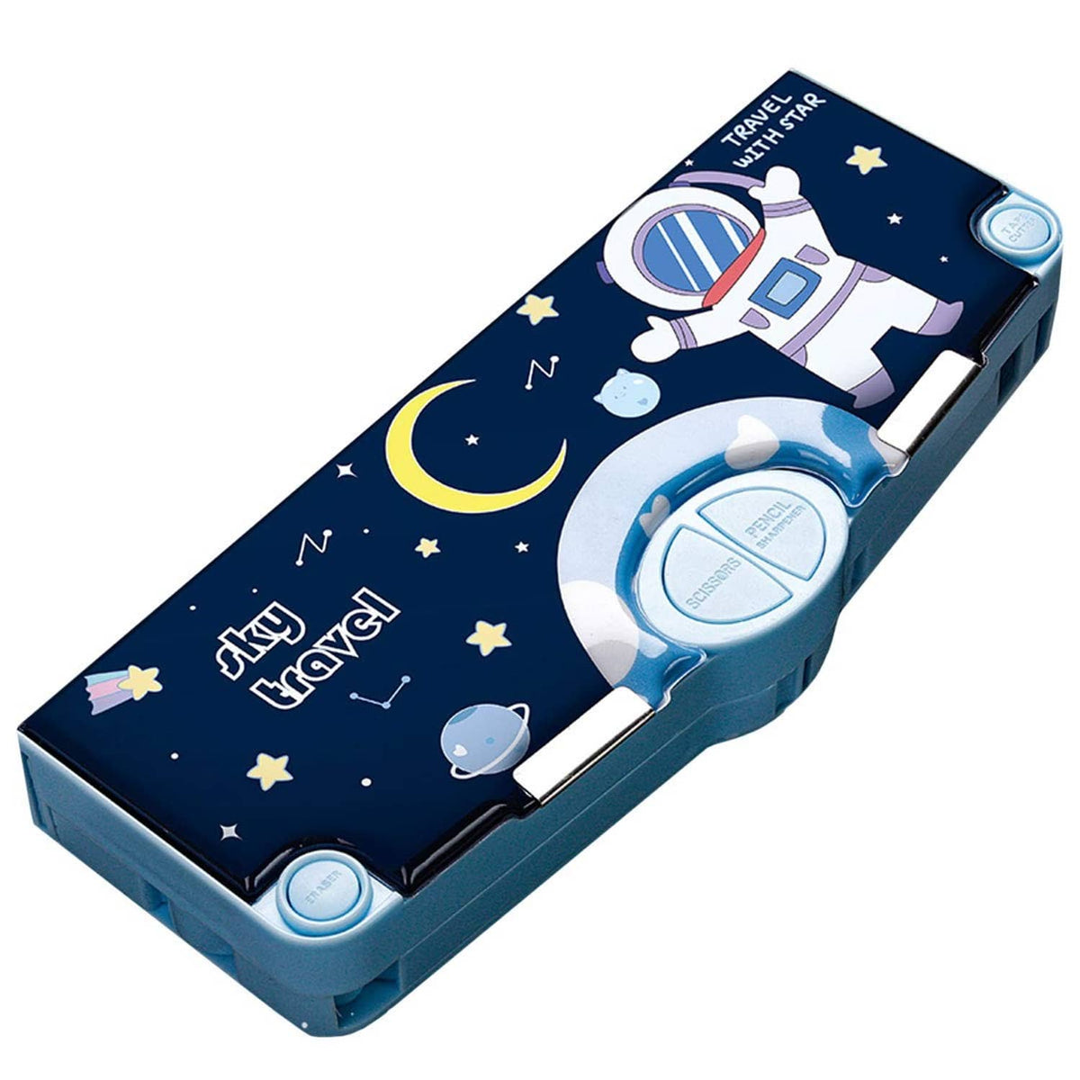 Dark navy space-themed multifunction pencil case with blue two-compartment design