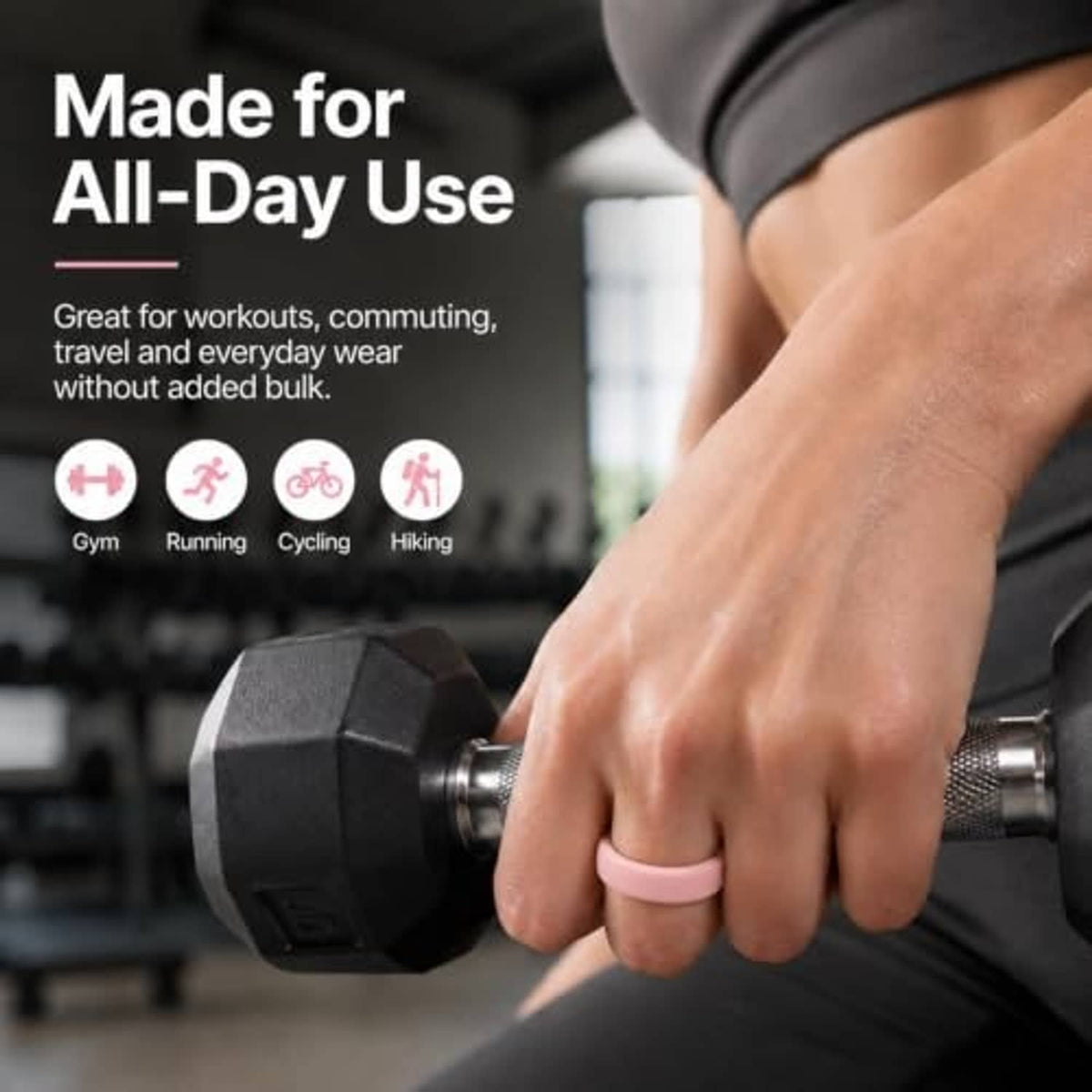 Silicone ring case in pink on finger, protective snug fit for workouts