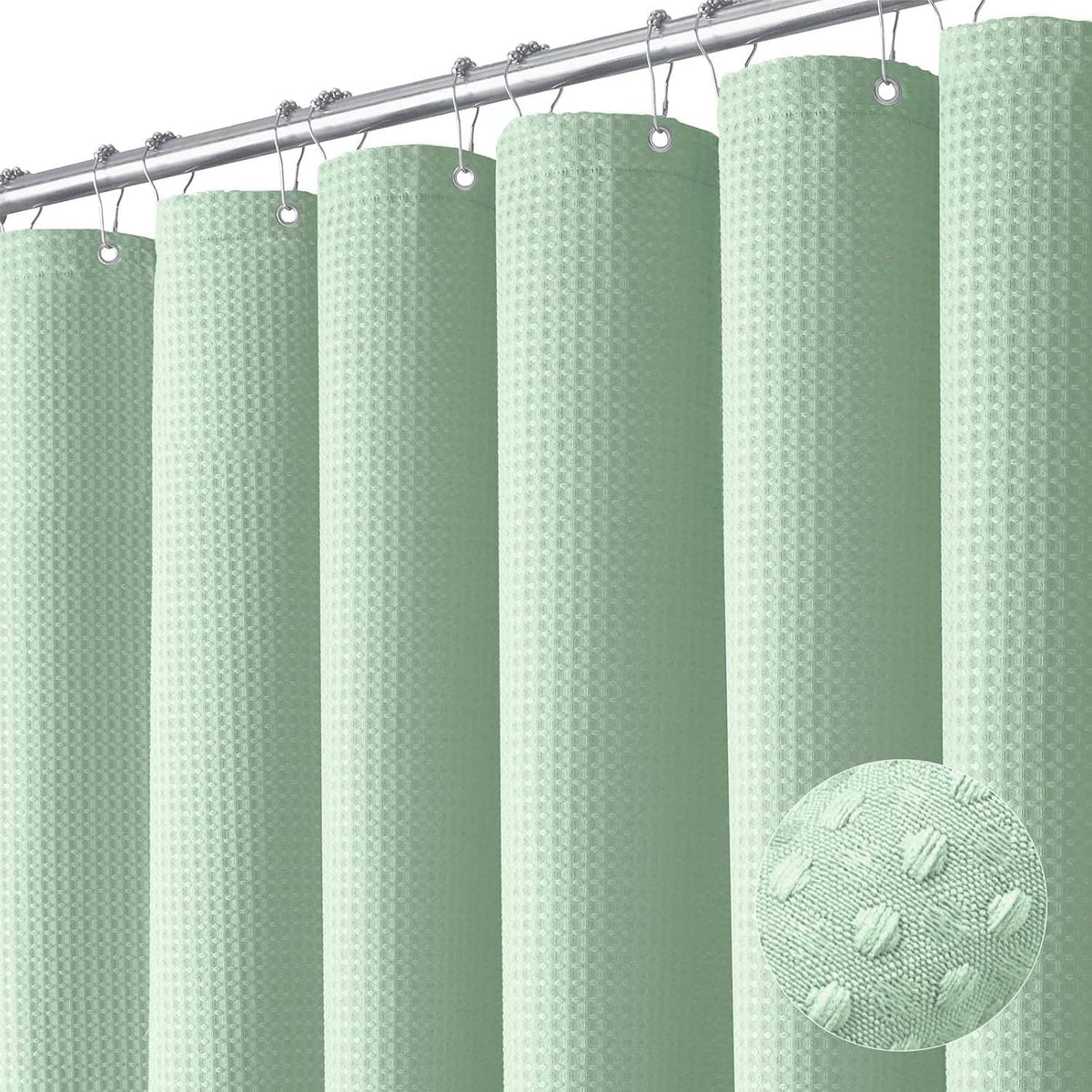 Mint green waffle-weave fabric shower curtain, grommets and round weighted hem