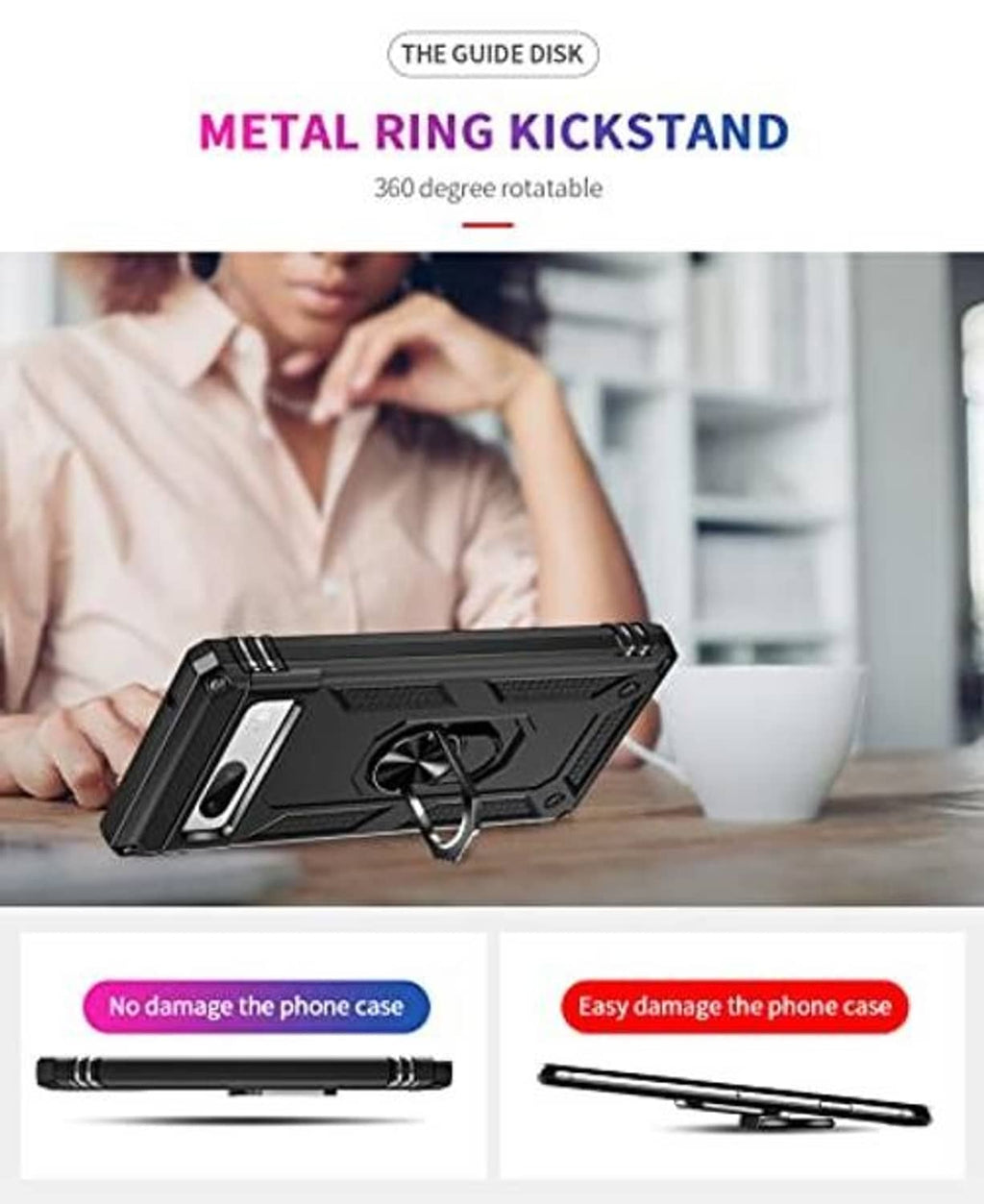 Rugged black phone case with 360-degree ring kickstand, angled for tabletop viewing