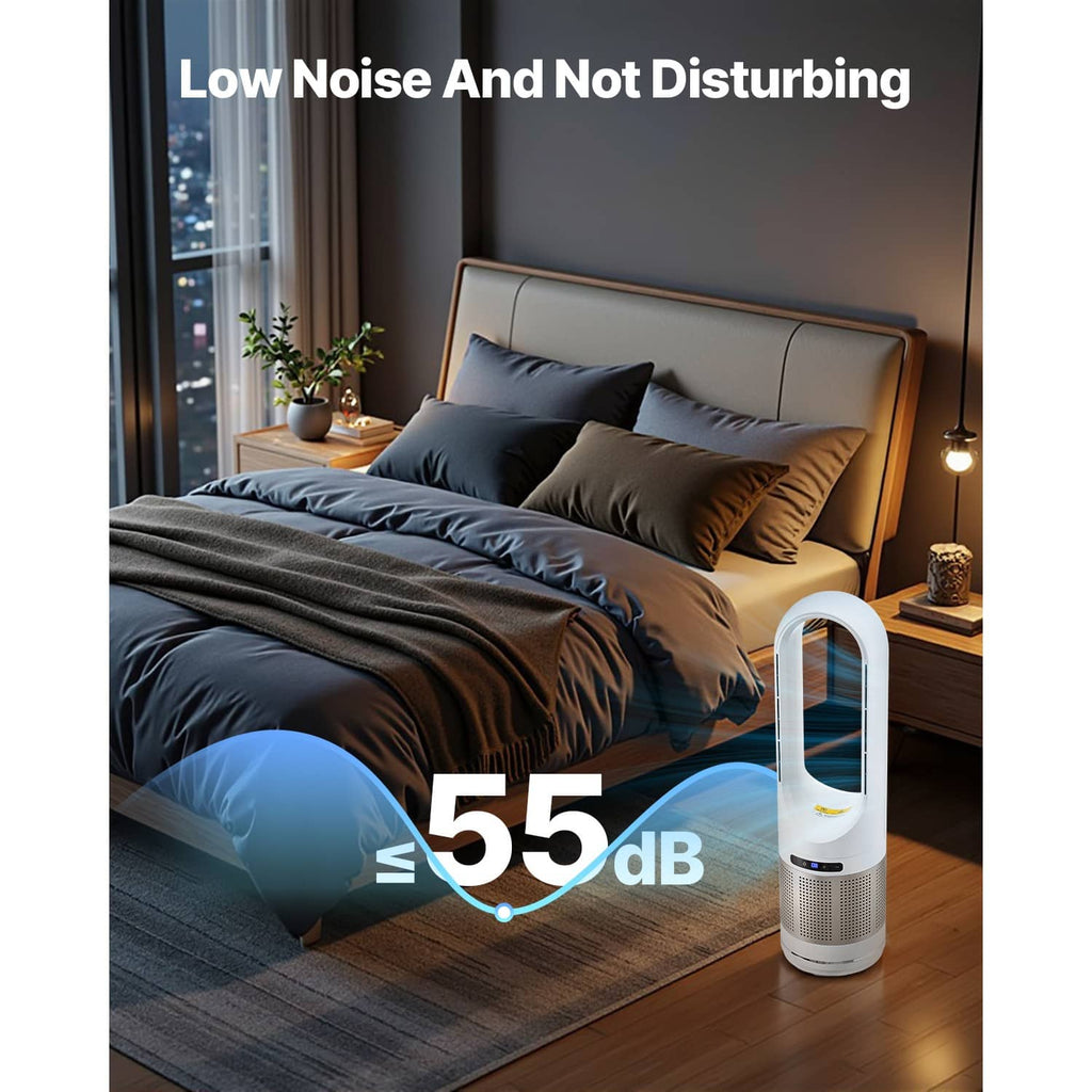White bladeless tower fan air purifier standing on floor near a bed